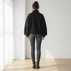 トレンド！ふわふわボア ハーフジップ ショート丈プルオーバー 黒 Mの画像