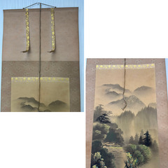 ✨華山 掛け軸 彩色山水(舟) 日本画 山水画 美術品 インテリア 和室 掛軸 アート✨の画像