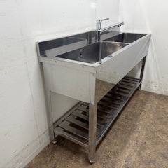 ステンレス　業務用　2層シンク流し台　蛇口付き　厨房　飲食店　W１５００ｘＤ４５０ｘH８００ｍｍの画像