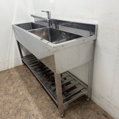 ステンレス　業務用　2層シンク流し台　蛇口付き　厨房　飲食店　W１５００ｘＤ４５０ｘH８００ｍｍの画像