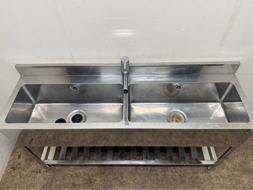 ステンレス　業務用　2層シンク流し台　蛇口付き　厨房　飲食店　W１５００ｘＤ４５０ｘH８００ｍｍ
