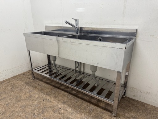 ステンレス　業務用　2層シンク流し台　蛇口付き　厨房　飲食店　W１５００ｘＤ４５０ｘH８００ｍｍ