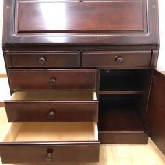 ss7947　ライティングビューロー ダークブラウン系 蓋付き 机 木製 デスク こげ茶 リビングデスク 収納棚 キャビネット 書斎 上ケ嶋木工 コタンライティング30 中古の画像