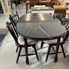 K2511-149 北海道民芸家具 ダイニングテーブルセット ガラス天板 椅子4脚付き ※バラ売り不可 キズ汚れ有りの画像