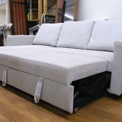 布張りカウチソファベッド 跳ね上げ収納付き 幅212㎝ ライトグレー 3人掛けソファ L字ソファ 札幌市 厚別区の画像