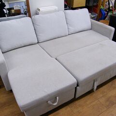 布張りカウチソファベッド 跳ね上げ収納付き 幅212㎝ ライトグレー 3人掛けソファ L字ソファ 札幌市 厚別区の画像