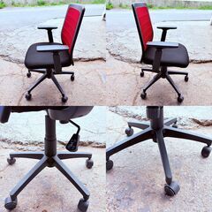 【オフィスチェア✨】キャスター付き オフィスチェア✨赤×黒メッシュ／昇降式／肘掛け付き✨簡易清掃・現状品‼️の画像