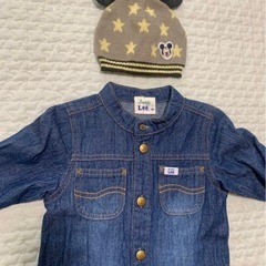 Buddy Lee デニムロンパース カバーオール 80 ミッキー ニット帽付きの画像
