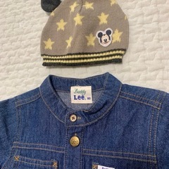 Buddy Lee デニムロンパース カバーオール 80 ミッキー ニット帽付きの画像