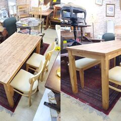 ダイニング4点セット/テーブル/チェア2脚/ベンチチェア/ナチュラル/木目■横幅140㎝×奥行69.5㎝×高さ76.5㎝■近隣配送無料 買取帝国 朝霞店の画像