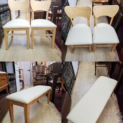 ダイニング4点セット/テーブル/チェア2脚/ベンチチェア/ナチュラル/木目■横幅140㎝×奥行69.5㎝×高さ76.5㎝■近隣配送無料 買取帝国 朝霞店の画像