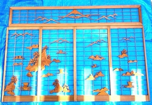 書院欄間　彫刻書院 ガラス障子セット