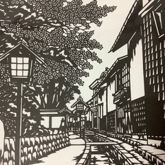 切り絵　複製画　飛騨古川百景　白壁土蔵と瀬戸川　菅沼守　布紙木の画像