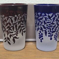 切子 冷酒グラス 赤青 ペア ヴィンテージ 食器 ブドウ ガラス 昭和レトロの画像