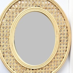 オーバルミラー　鏡　姿見　ラタン藤製　編み込みデザイン　オシャレで温かみのあるラタン自然素材　長丸型の画像