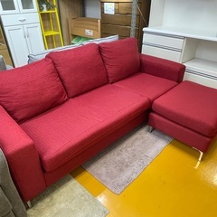 【リサイクルサービス八光】幅203㎝　レッド　3人掛けカウチソファ　オットマン付きの画像