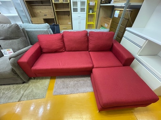 【リサイクルサービス八光】幅203㎝　レッド　3人掛けカウチソファ　オットマン付き