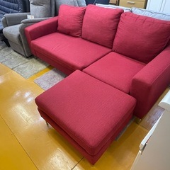 【リサイクルサービス八光】幅203㎝　レッド　3人掛けカウチソファ　オットマン付きの画像