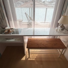 北欧風 L字デスク＆ラタンチェアセット／在宅ワーク・ドレッサーにもの画像