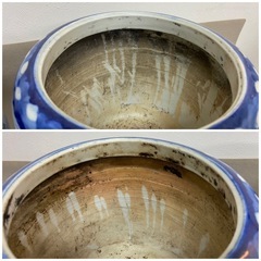 火鉢　陶器　山水画　昭和レトロ　中古品　1個1,100円　　直径約25cm 高さ約25cmの画像