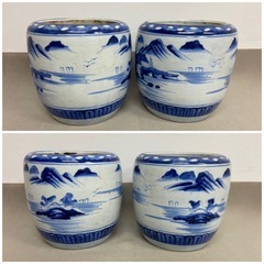 火鉢　陶器　山水画　昭和レトロ　中古品　1個1,100円　　直径約25cm 高さ約25cmの画像