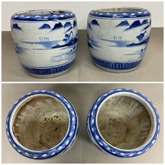 火鉢　陶器　山水画　昭和レトロ　中古品　1個1,100円　　直径約25cm 高さ約25cmの画像