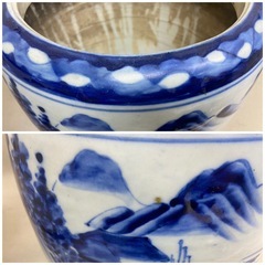 火鉢　陶器　山水画　昭和レトロ　中古品　1個1,100円　　直径約25cm 高さ約25cmの画像