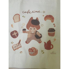未使用品 まつうらあい トートバッグ カフェタイム イラスト キャンバスバッグ ナチュラルカラーの画像
