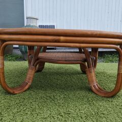 ヴィンテージ ラタンテーブル 籐 ローテーブル ガラステーブル 座卓 円卓 レトロ　/TJ-2654 2Fの画像