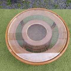 ヴィンテージ ラタンテーブル 籐 ローテーブル ガラステーブル 座卓 円卓 レトロ　/TJ-2654 2Fの画像