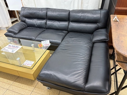 【リユースマン倉敷】レザーL型ソファ ブラック インテリア