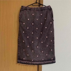 セットアップ　デニム　ビジュー　パール　ピンク　グレー　ジャケット　スカート　Mの画像