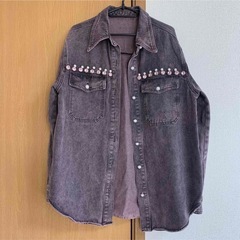 セットアップ　デニム　ビジュー　パール　ピンク　グレー　ジャケット　スカート　Mの画像