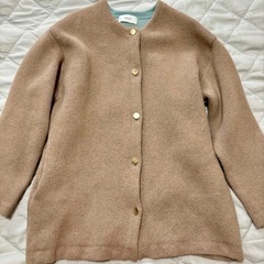 Laruta Fox混 ニットコート ブラウン×ブルー ノーカラー バイカラー フリーサイズの画像