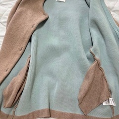 Laruta Fox混 ニットコート ブラウン×ブルー ノーカラー バイカラー フリーサイズの画像