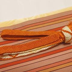 帯揚げ 帯締め 帯締め＆帯揚げ セット オレンジ 橙 平組 綸子 普段着 小紋 紬 色無地 USED バイカラー ツートンの画像
