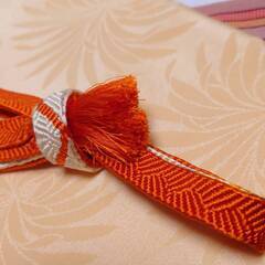 帯揚げ 帯締め 帯締め＆帯揚げ セット オレンジ 橙 平組 綸子 普段着 小紋 紬 色無地 USED バイカラー ツートンの画像