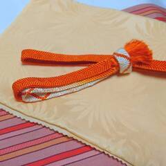 帯揚げ 帯締め 帯締め＆帯揚げ セット オレンジ 橙 平組 綸子 普段着 小紋 紬 色無地 USED バイカラー ツートンの画像