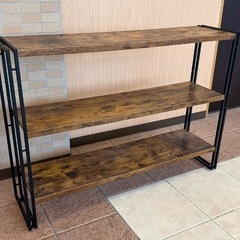 🤝取引中【引き取り限定】木目アイアンウッドラック3段/ヴィンテージ風/オープンラック/美品の画像