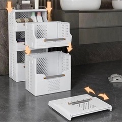 折りたたみ式ランドリーバスケット 2段　キャスター付きの画像