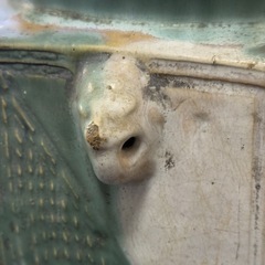 【古陶】織部釉 六角火鉢 壺 花器 置物 水指 甕 和骨董 古道具 アンティーク 民藝 時代陶器 青織部調 口縁耳付 レトロ 重厚 瀬戸系の画像