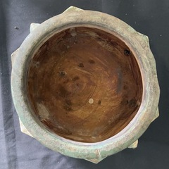 【古陶】織部釉 六角火鉢 壺 花器 置物 水指 甕 和骨董 古道具 アンティーク 民藝 時代陶器 青織部調 口縁耳付 レトロ 重厚 瀬戸系の画像