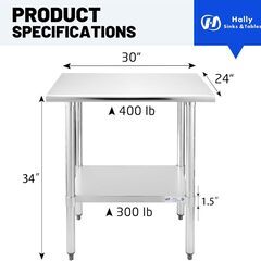 新品　大量在庫　ステンレススチールテーブル 準備&作業用 24 x 30インチ NSF 商業用 高耐久テーブル アンダーシェルフ 亜鉛メッキ脚付き レストラン 自宅 ホテル用の画像