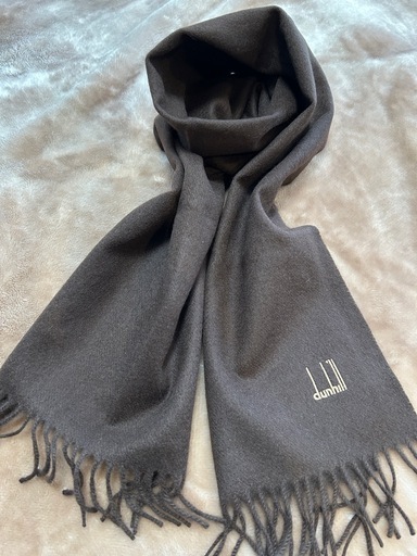 ダンヒルdunhillマフラーストールショールスカーフダークブラウン焦げ茶色系無地ロゴカシミヤ100%カシミア100%縦136センチ横約29.5センチフリンジ約6センチ製造国スコットランド製メンズmen’s男性用紳士