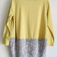 【中古美品】ELLE エル　長袖　カットソー　トップス　チュニック　黄色　イエロー　グレー　レース　ニット生地　38サイズ　M〜Lサイズの画像