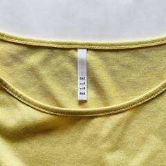 【中古美品】ELLE エル　長袖　カットソー　トップス　チュニック　黄色　イエロー　グレー　レース　ニット生地　38サイズ　M〜Lサイズの画像