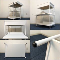 【未使用】レンジボード引出し・スライドテーブル付き 収納棚ホワイト 脚部アジャスター付キャビネット 大型レンジ対応 展示品・傷物・アウトレットの画像