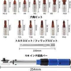 トルクレンチ プレセット型 15点セット 差込角(1/4インチ) 2-24N.m 両回転対応 切替簡単 トルク精度±3% 延長バー付き 車 タイヤ交換 自動車用 オートバイ 整備工具 作業工具 収納ケース付きの画像