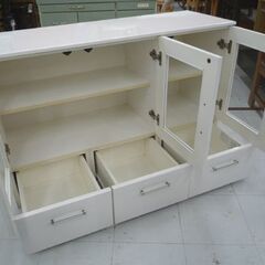 マルミツ 食器棚 幅119.5cm ホワイト 鏡面仕上げ キッチンカウンター 収納家具 キッチン収納 キャビネット 苫小牧西店の画像
