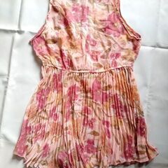 A＋i Collection プリーツキャミソール エンパイヤライン レース リボン ピンク系花柄 の画像